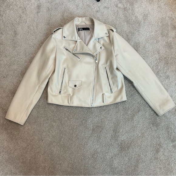 Zara cream ecru faux leather Moto biker jacket coat Sz XL casual Streetwear - Picture 5 of 10